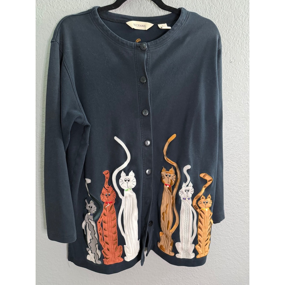 Bechamel Black L Cotton Cat Cardigan Button Front Novelty Whimsy Jacket Telaxed